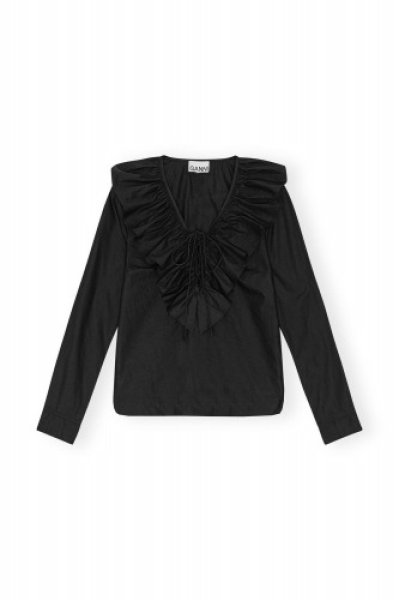 画像1: GANNI ガニー  BLACK COTTON POPLIN RUFFLE V-NECK BLOUSE ブラック コットン ポプリン ラッフル V ネック ブラウス (1)