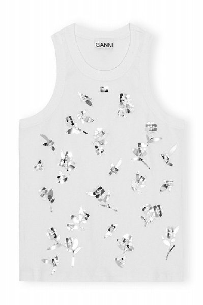 画像1: GANNI ガニー WHITE RIB JERSEY EMBELLISHED TANK TOP (1)