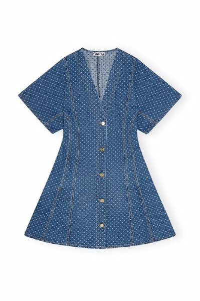 画像1: GANNI ガニー  Blue Polka Dot Denim Mini Dress (1)