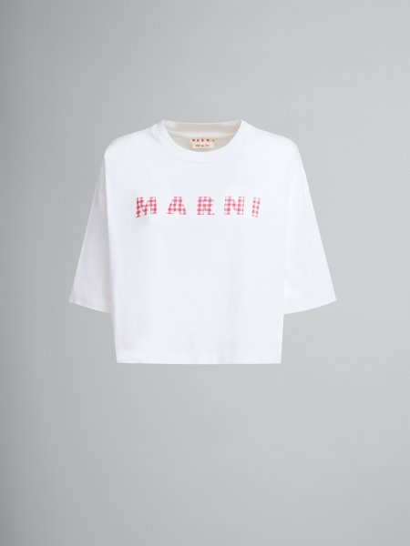 画像1: MARNI マルニ　ホワイト ジャージーコットン製Tシャツ、チェックマルニロゴ入り (1)