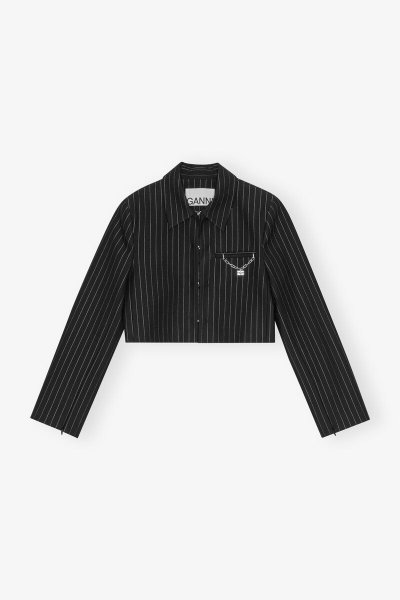 画像1: GANNI ガニー Black Pinstriped Cropped Blazer (1)