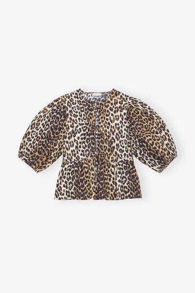 画像1: GANNI ガニー Leopard Cotton Poplin Peplum Tie Blouse (1)